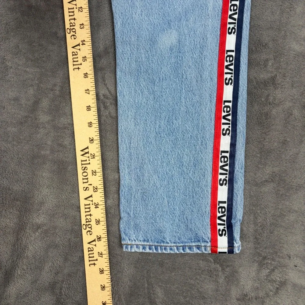 Levis Jeans Mens 32x28 Blue 501 Premium Logo Side Stripe Straight Leg Button Fly